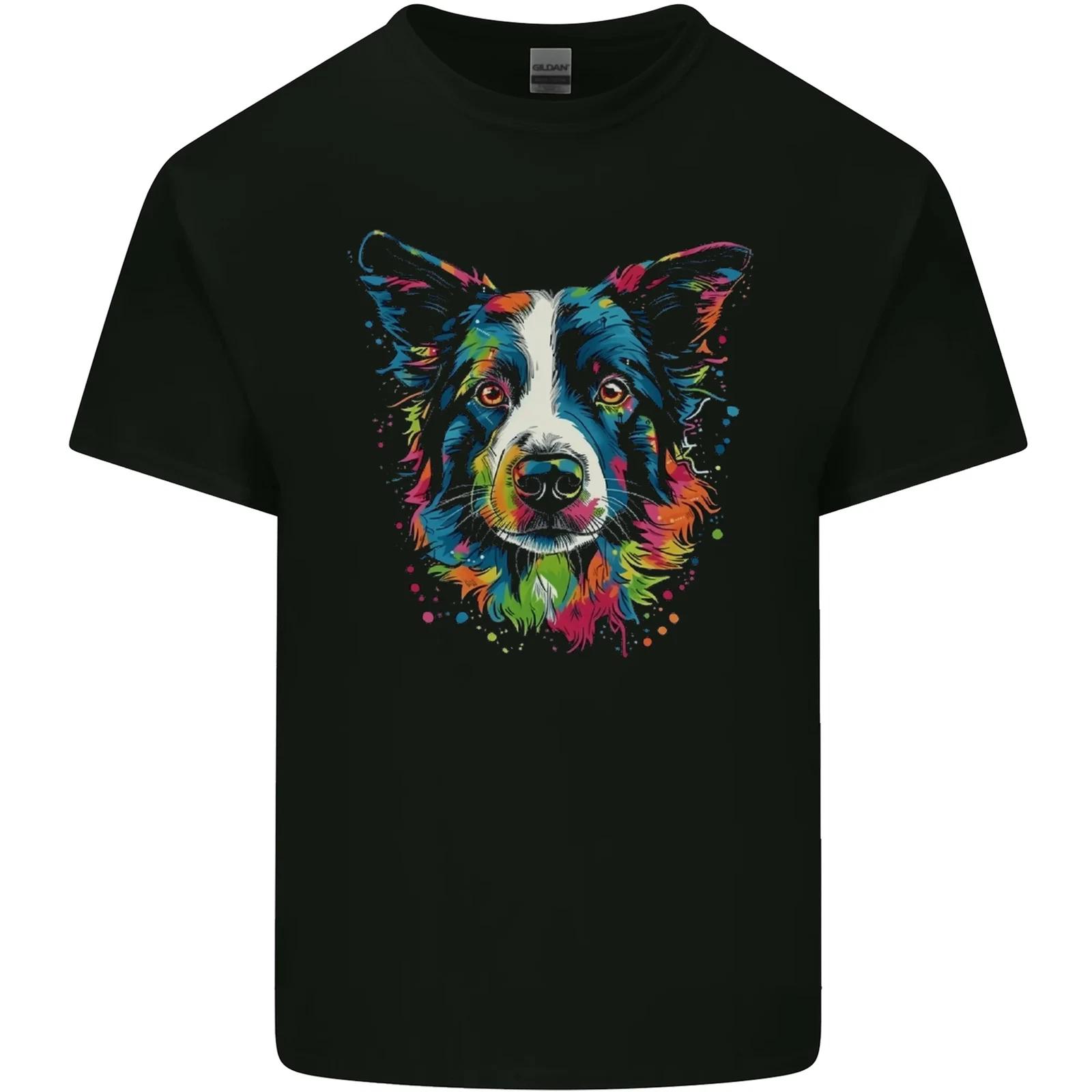 A Colourful Border Collie Dog Kids T-Shirt Childrens 3XL