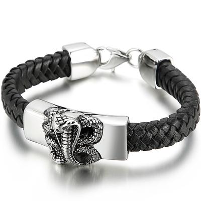 Punk Gothic Mannen Slangenkop Lichaamsarmband Man Verweerd 316L Roestvrij Staal & Leer Wrap Armband voor Mannen Dierlijke Sieraden
