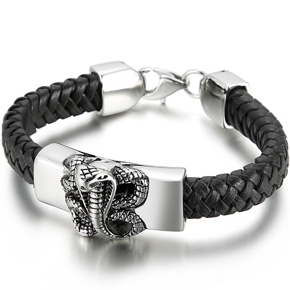 

Панк Готика Мужской Браслет на тело в виде змеиной головы Мужской Потертый Браслет-обертка из нержавеющей стали 316L и кожи для мужчин Анималистические украшения 22CM серебряный/чёрный