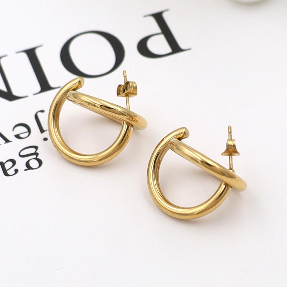 French Simple Geometric Round Line Cross Earrings Women'S 18K Titanium Steel Double Ring Stacked Stud Earrings Do Not Fade
