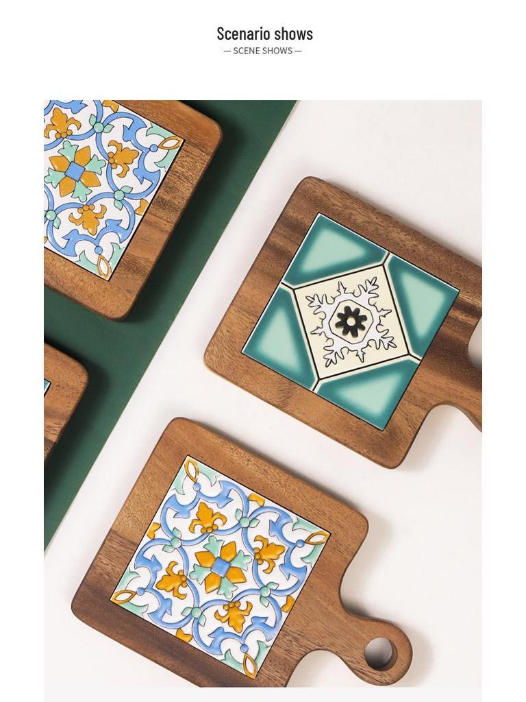 Acacia Wood Flower Tile Trivet: Wooden Anti-Scald Heat Insulation Pad for Dining Table and Ceramic Tableware.