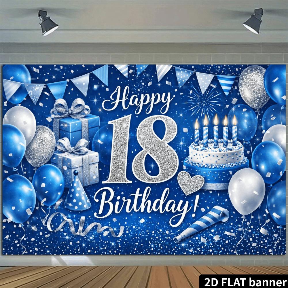 2D plane 18th birthday party backdrop fabric - blue  silver cake candles gift box hat decoration - durable polyester materialzyc
