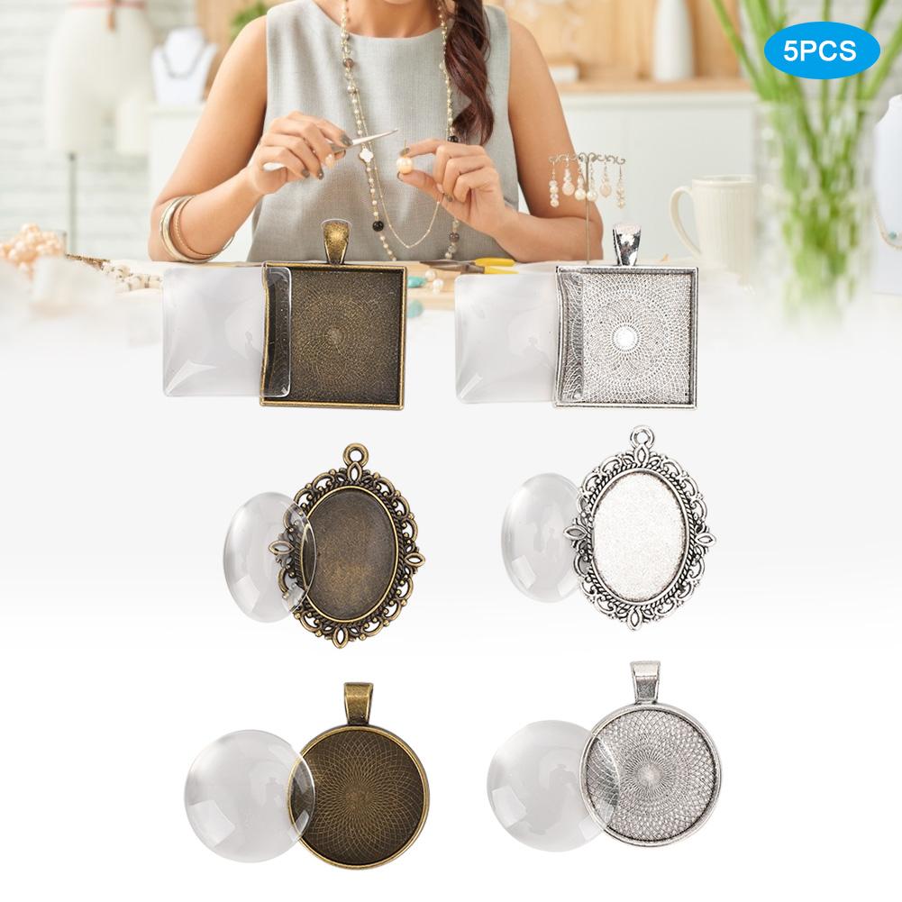 60pcs Metal Round Oval Pendant Base Tray Glass Domes Sheet Jewelry DIY Tool Accessory