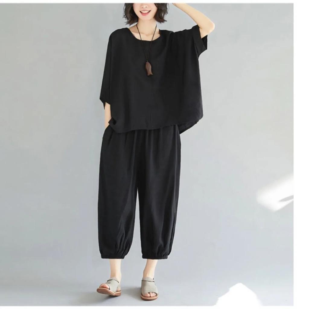 Women's Summer Casual Suit Short-sleeved Round Neck T-shirt + Loose Pants Solid Color Two-piece Set