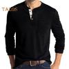 Men Spring Top with Chest Pocket Buttoned O Neck Slim Fit Long Sleeve Bottoming Clothes Solid Color Stretchy Pullover T-shirt