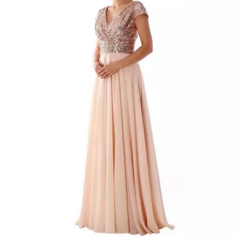 New spring and summer European and American women's sleeveless dress V-neck sequined temperament satin splicing evening dress