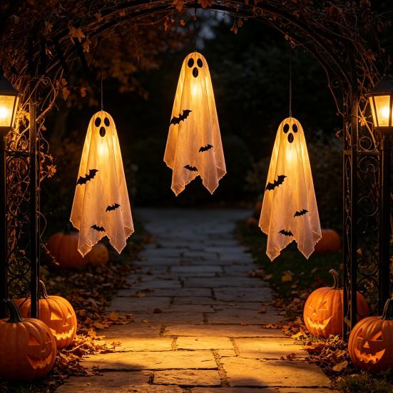 Halloween Hanging Ghost Decorations Scary Decor, Spooky Bat Print Decor for Porch Holiday Yard Ornaments Tree, Glow-in-the-Dark Outdoor Decoration