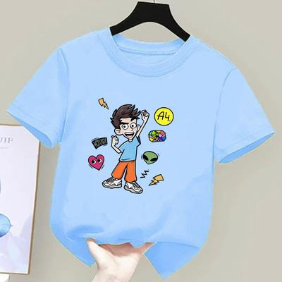 2026 Kids Round Neck TShirt For Boys and Girls Aged 212 Cartoon Printed A4 Casual and Fashionable Short Sleeved Top Light Blue