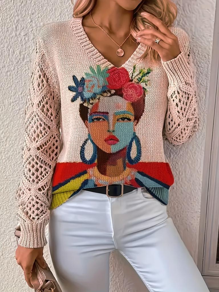 Neues bedrucktes V-Ausschnitt-Oberteil Damen beliebter Pullover Langarm Frühling und Herbst Pullover