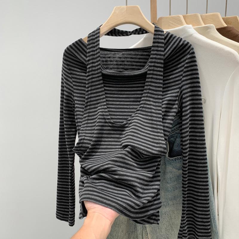 

Women s Striped Halter Neck Layered T-Shirt, 2025 Autumn, High-End Style, Versatile Outerwear. Small