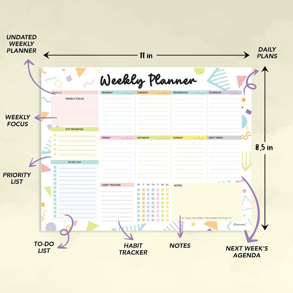 Decorably 52 Sheets Colorful Pastel Undated Weekly to Do List Notepad - 6.5x10" Spring-Bound Planner Pad, Easy Tear-Off, for Priorities, to-Do List,