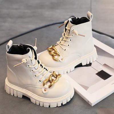 Metallkette Mädchen Mode Stiefel Winter Plüsch PU Leder Reißverschluss Weiche Anti Rutsch Kinder Stiefeletten Schwarz Beige Baumwollstiefel