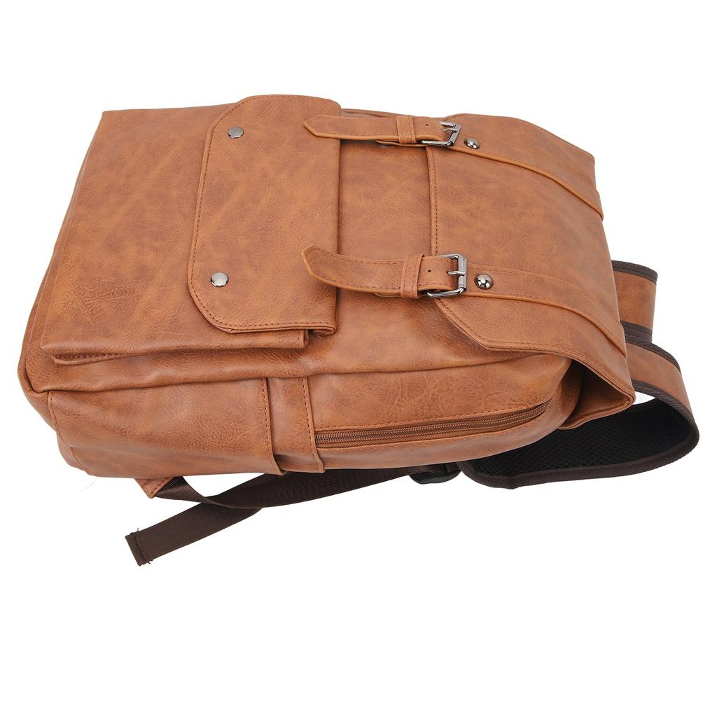 Men Backpack Vintage Style Soft PU Leather Large Capacity Fashionable Shoulders Bag for Travel Business Light Brown