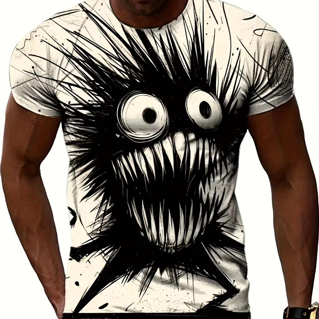 Men's Monster Graphic Print Short Sleeve Crew Neck Tee, Men's Clothing For Summer Soft Slight Stretch Polyester Blend Fabric