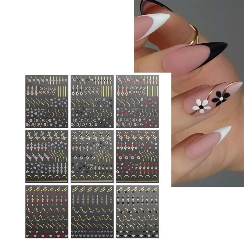 Flower Nail Stickers,Adhesive 3D Nail Decals Lines Heart Nail Art Stickers Summer Nail Design Nail Art Accessories