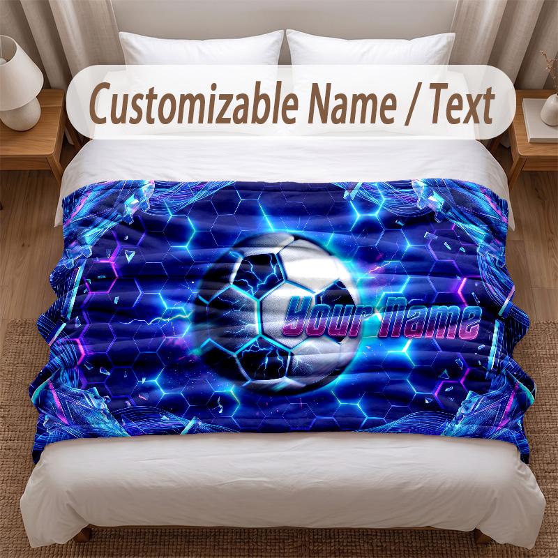 Soccer Theme Soft Blanket Personalized Custom Name Text Print Warm Blanket Home Sofa Bedroom Decor