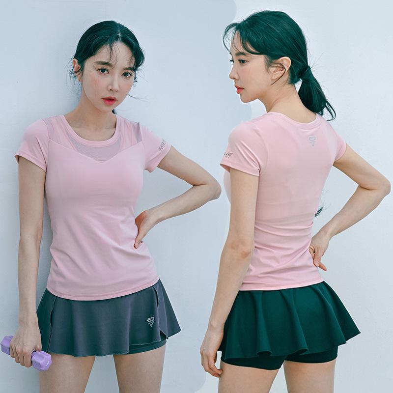 Women's Quick-Dry High-Waisted Faux Two-Piece Yoga Set with Chest Pads - Summer Short-Sleeved Top and Shorts