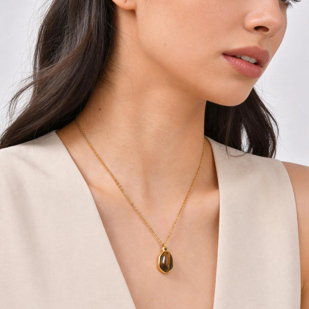 Stainless Steel Natural Tiger'S Eye Water Drop Pendant Necklace Female 2857