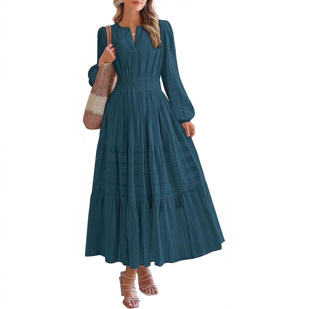 Women's V-Neck Flared Maxi Dress with Waist Pleats In Multiple Colors
