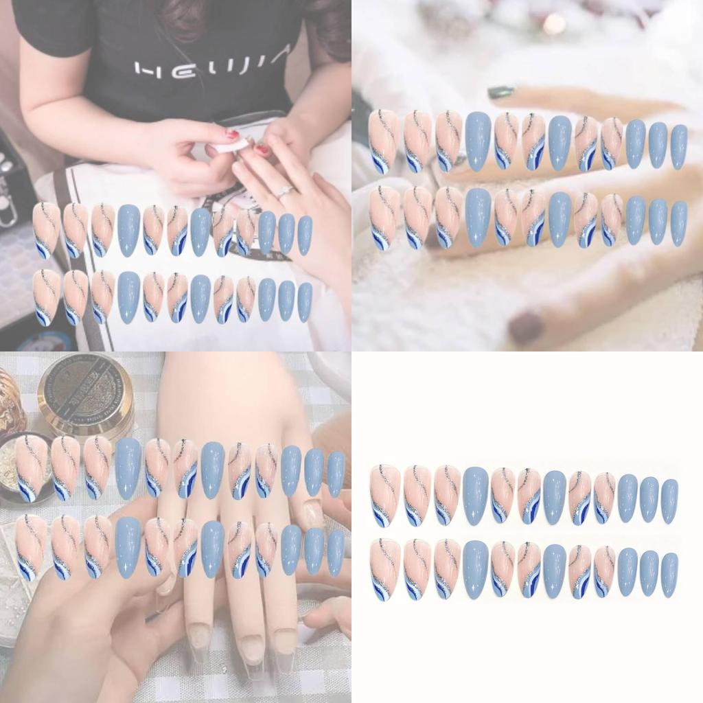 Almond-shaped Simple Wave Blue White French Spring And Summer New Product Fresh And Pure Wearable Nail Art Piece W12