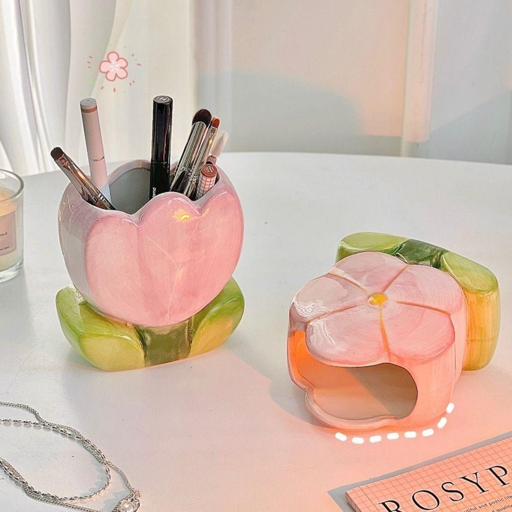 Tulip Flower Flower Makeup Brush Storage Bucket Ceramic Ceramic Tulip Pen Holder  Girl Gift