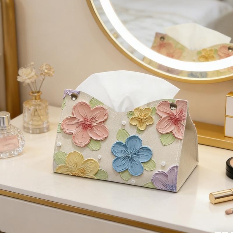 Artistic Colorful Flower Pattern Leather Tissue Holder Portable Napkin Dispenser Perfect For Home And Office Use