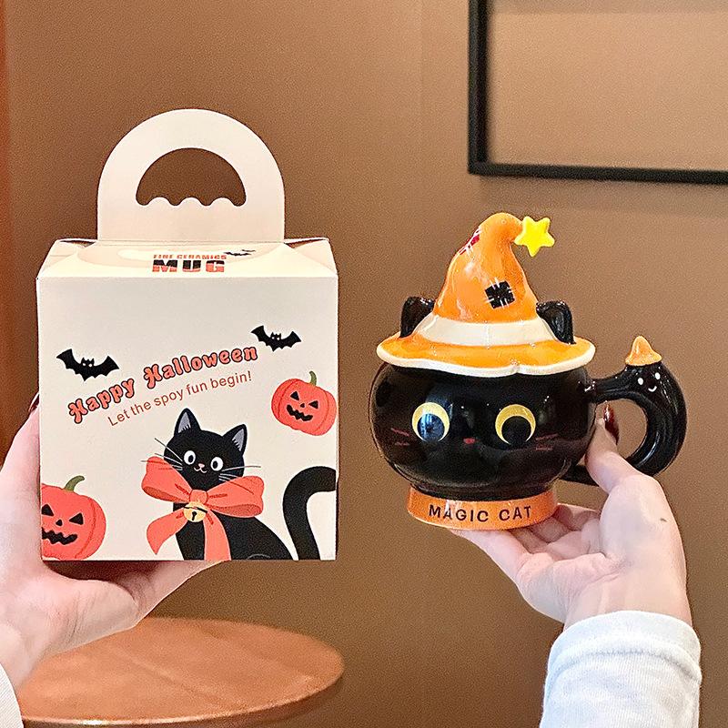 Creative Halloween gift magic hat cat ceramic mug with lid for girls practical mug souvenir gift box