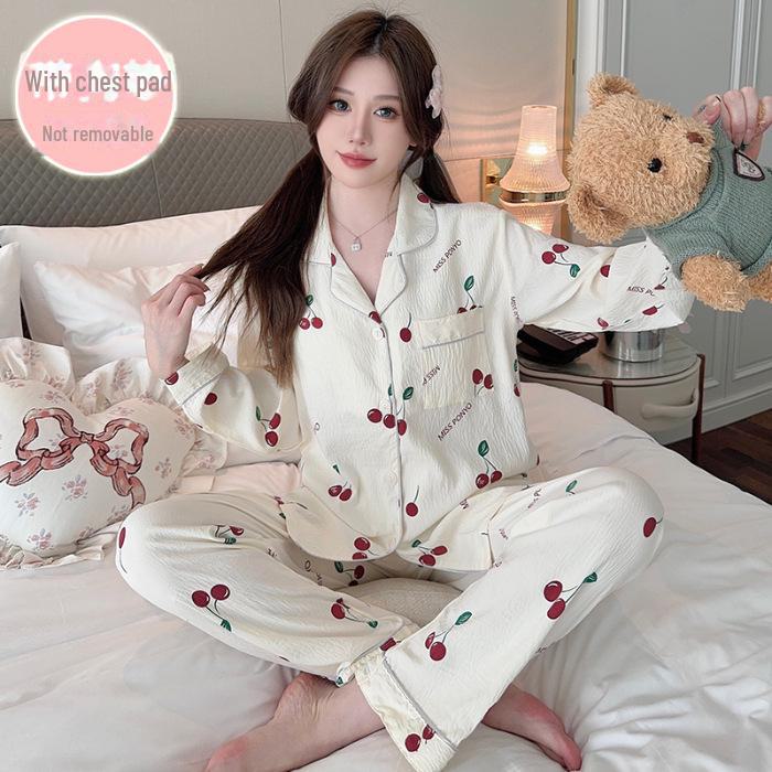 Korean Style Women's Pajamas: Spring Set with Chest Pads, Sweet Love Long Sleeves & Trousers, Suitable for Indoor & Outdoor Wear
