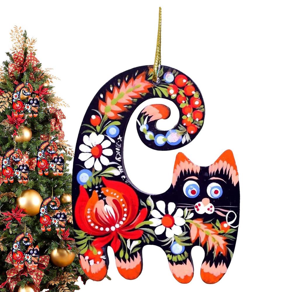 Enfeite de Natal de Gato de Madeira Pintado à Mão Enfeite de Natal de Gato Criativo de Madeira Fofo Enfeites de Natal Pintados à Mão Para Casa