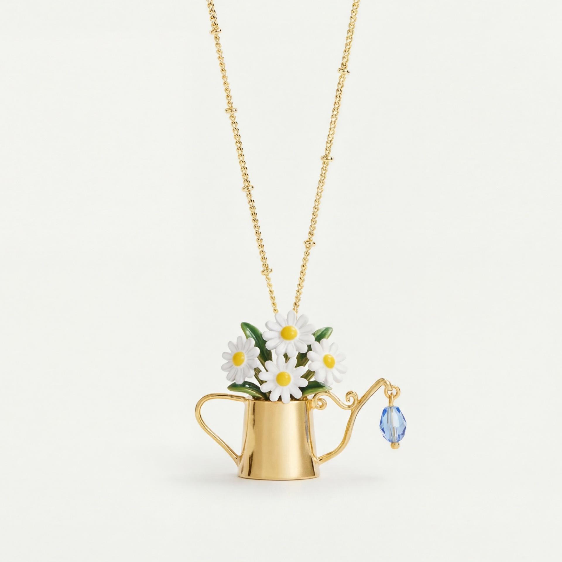 Spring Atmosphere Flower Necklace Fresh Pastoral Flower Pot Shape Blue Crystal Niche Versatile Copper Woman