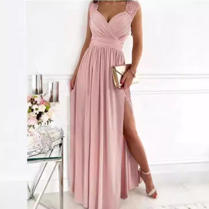 Sleeveless Lace Backless Hem Split European and American Women's Dress
