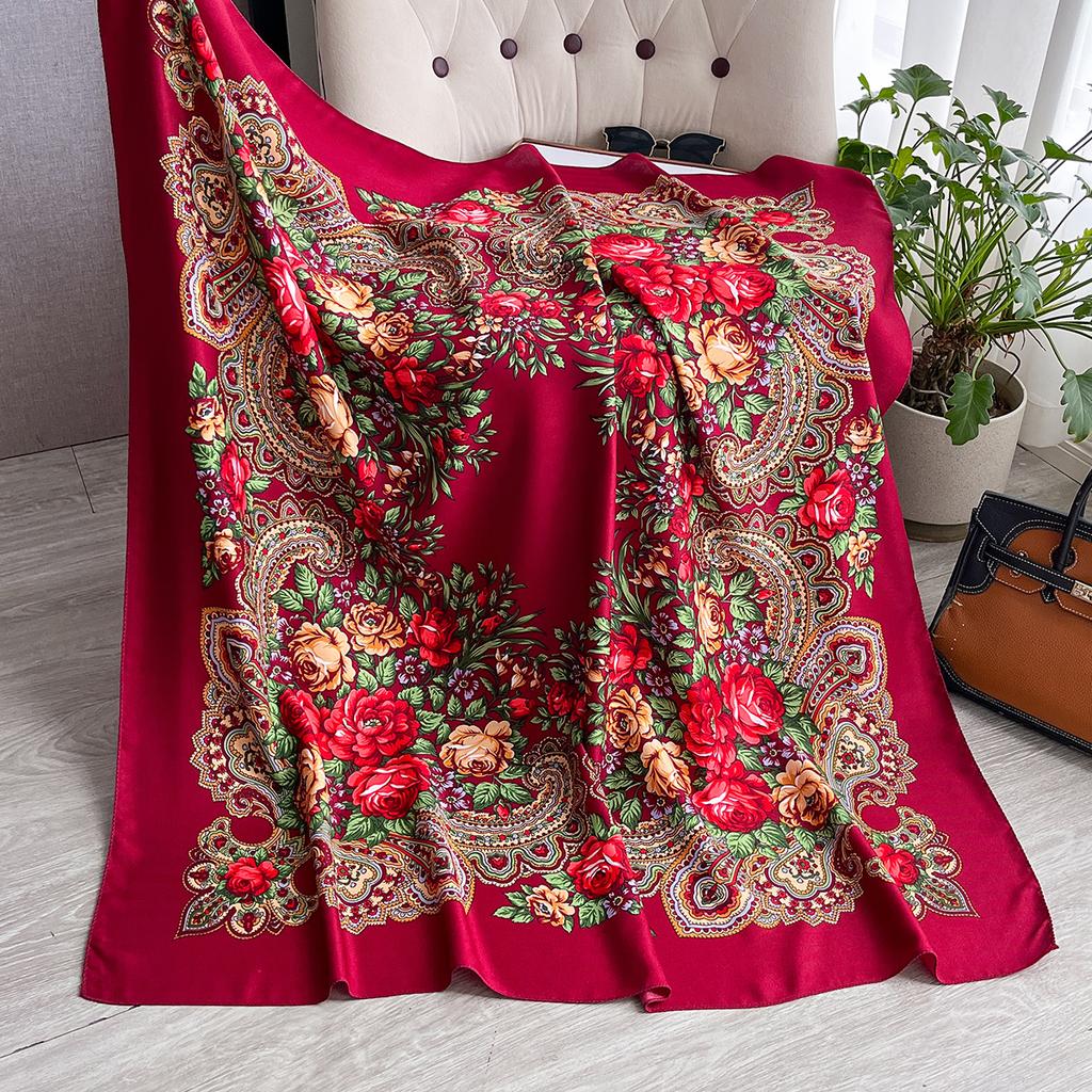 Women Russian Floral Scarf Ethnic Style Square Bandana Head Scarves Ladies Handkerchief Headband Silk Scarf Hair Wraps