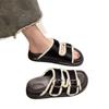 Summer new product flat bottom non-slip round head open toe women's flat bottom non-slip cool slippers solid color women's shoes black beige