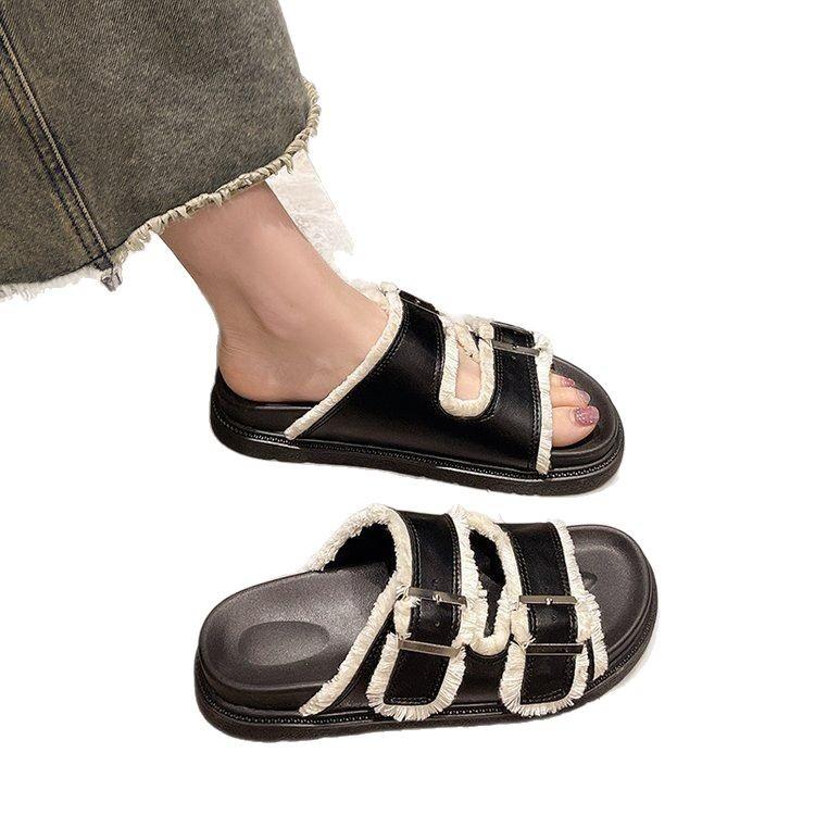 Summer new product flat bottom non-slip round head open toe women's flat bottom non-slip cool slippers solid color women's shoes black beige