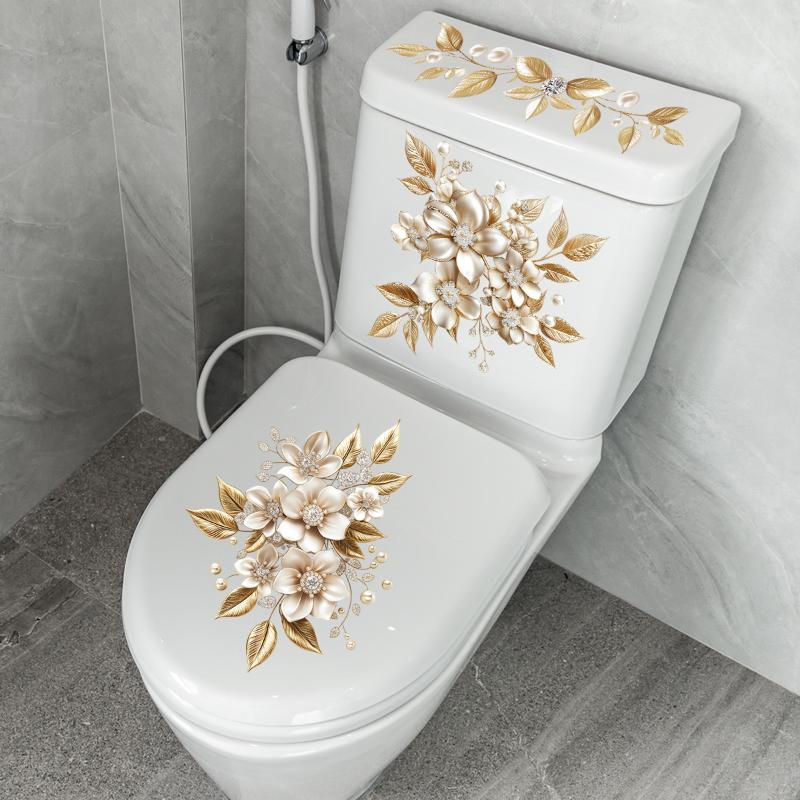 Light Luxury Golden Flower Toilet Sticker Bathroom Waterproof Self-adhesive Water Tank Decorative Sticker
