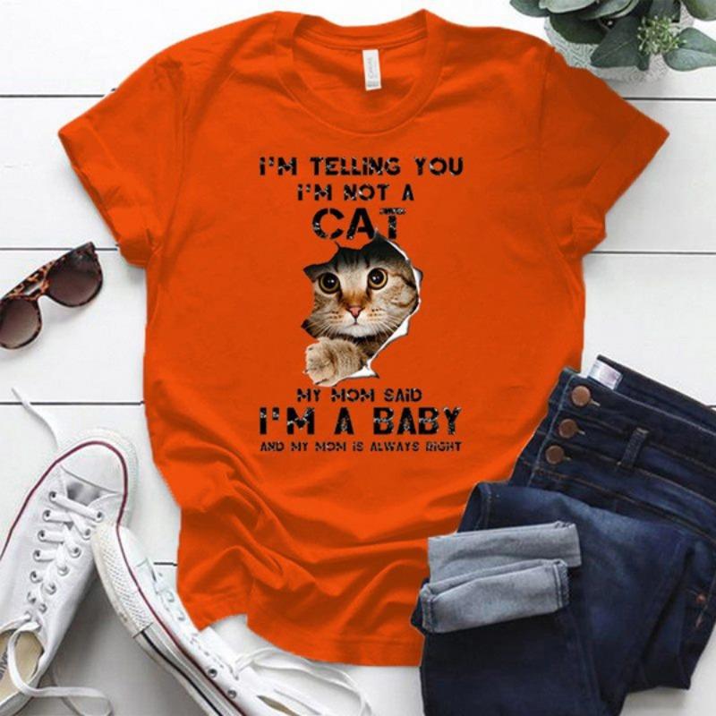 Summer Fun Cat Pattern Printed Round Neck Loose Cotton Short Sleeve Top T-Shirts Women’s