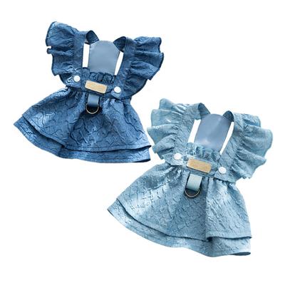 Denim-Hundekleider für kleine Hunde, Welpenkleidung für Mädchen mit Leinenring, fliegenden Ärmeln, Sommer-Katzenbekleidung, blaue Chihuahua-Outfits