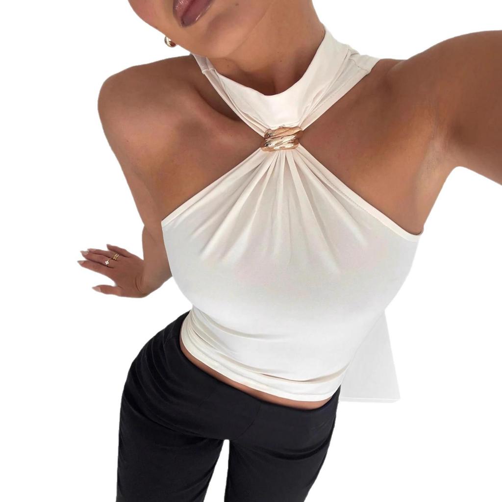 2025 Spring/Summer Women's High Neck Metal Ring Sleeveless Off-Shoulder Elastic Vest