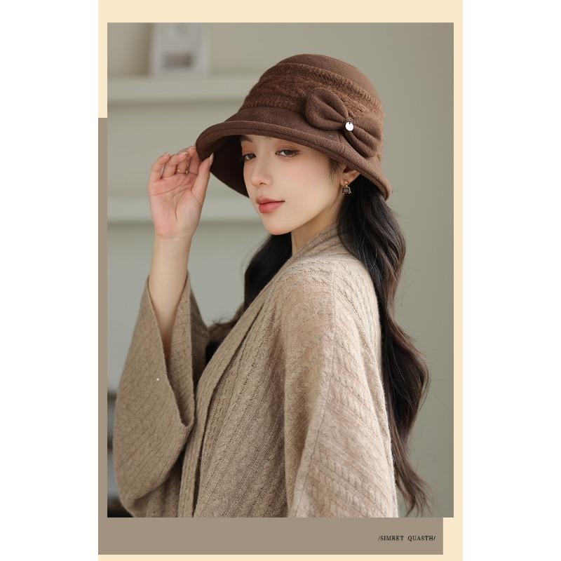 Women S Vintage Bowknot Bucket Hat Warm Fall Winter Elegant Face Slimming Hat