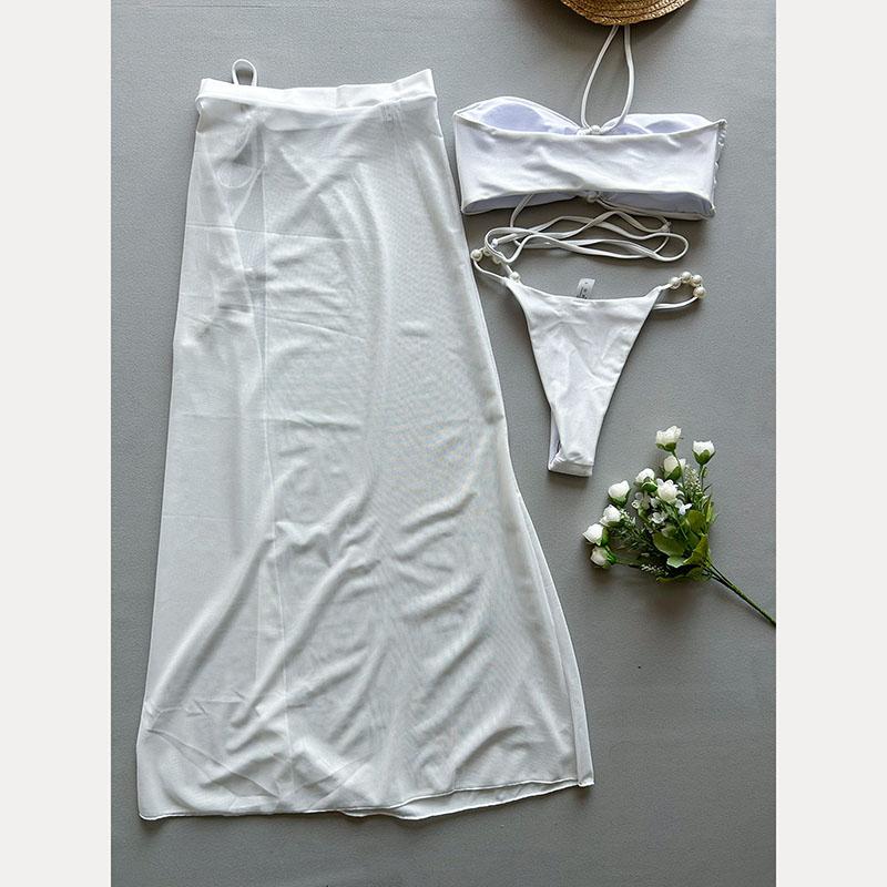 Nowy Seksowny Damski Strój Bikini Halter Wiązany Koronkowy Zestaw Spódniczek z Wysokim Stanem Damski Letni Strój Plażowy Trzyczęściowy Strój Kąpielowy