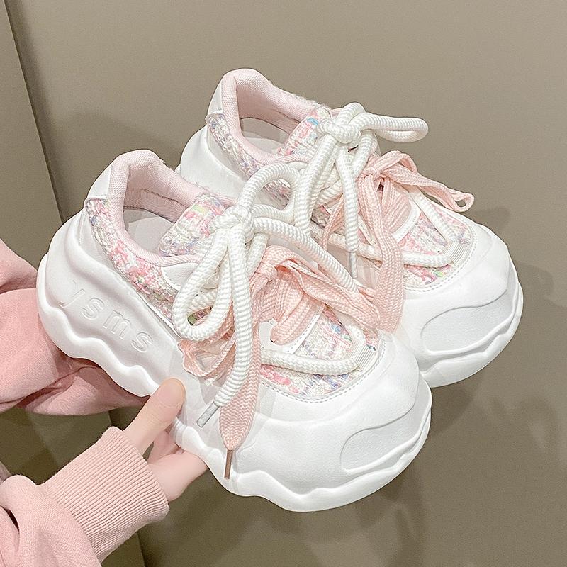 Fashion 8cm High Heel Leather Women Shoes Chunky Sneakers Autumn Wedge Platform Shoes Spring Women Breathable Comfy Skateboard Footwear