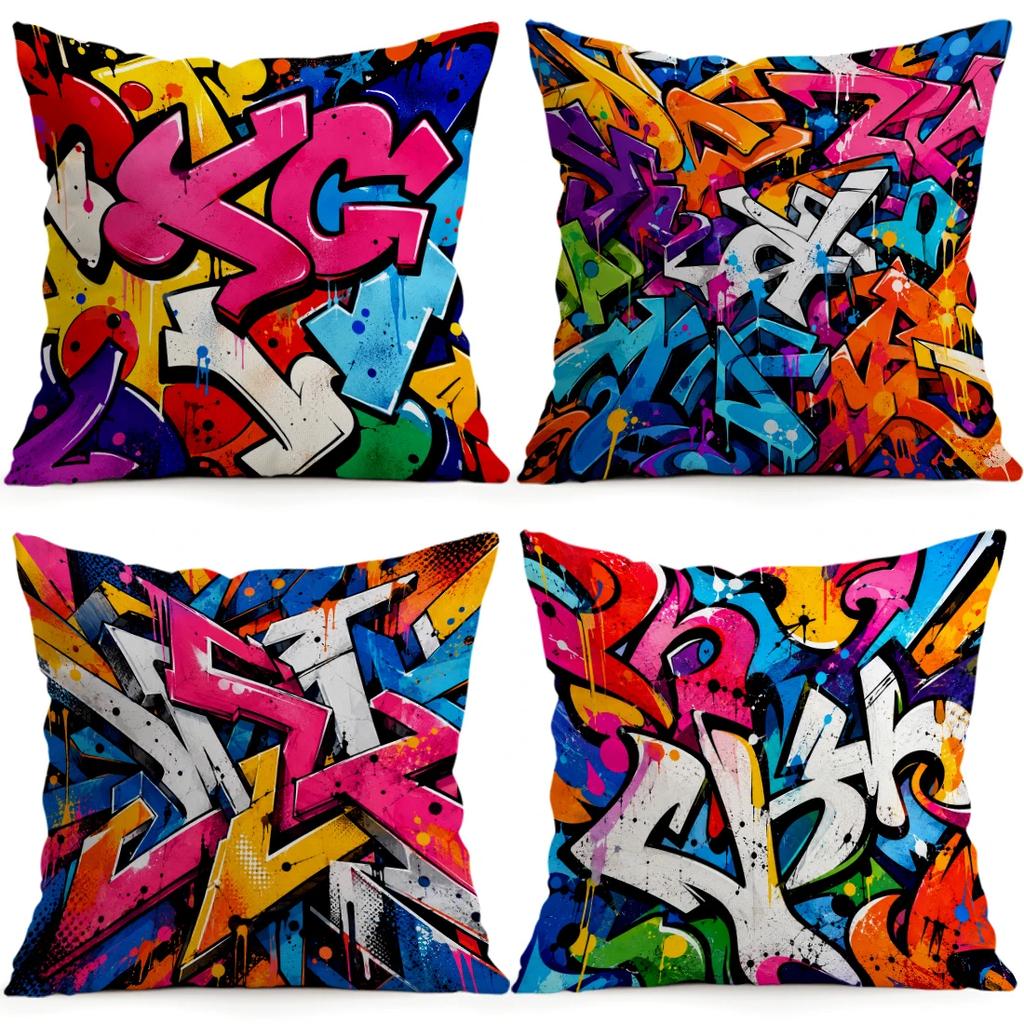 1/4pcs Colorful Street Graffiti S Cushions Pillowcase Polyester Cushion Cover Throw Pillow Pillowcover Home Car Sofa Decor