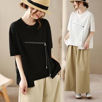 DIMANAF 2026 Plus Size Summer Women T-Shirts Casual Lady Tops Tunic Shirt Oversize Loose Tees Black Zipper Cotton