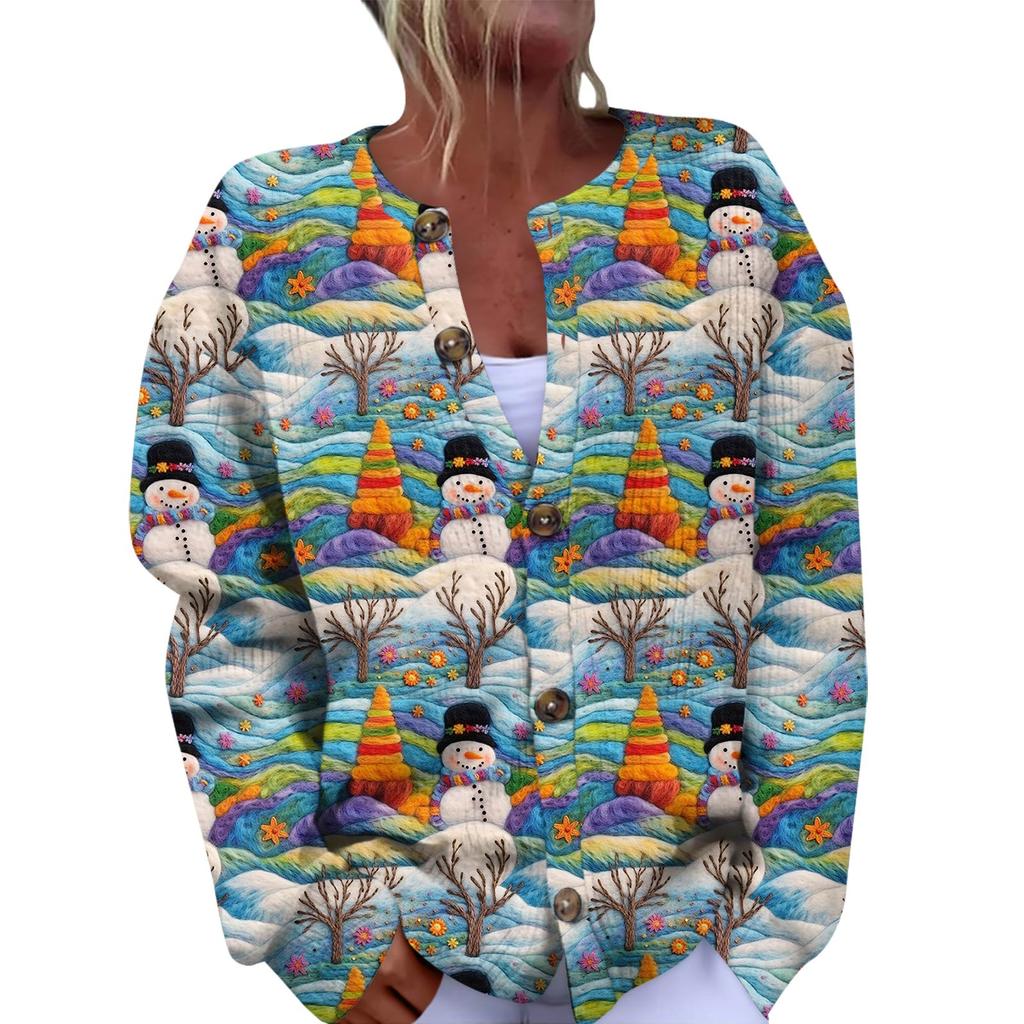 Women's Fashion Christmas Printed Long Sleeve Knitted Cardigan Button Down Jacket