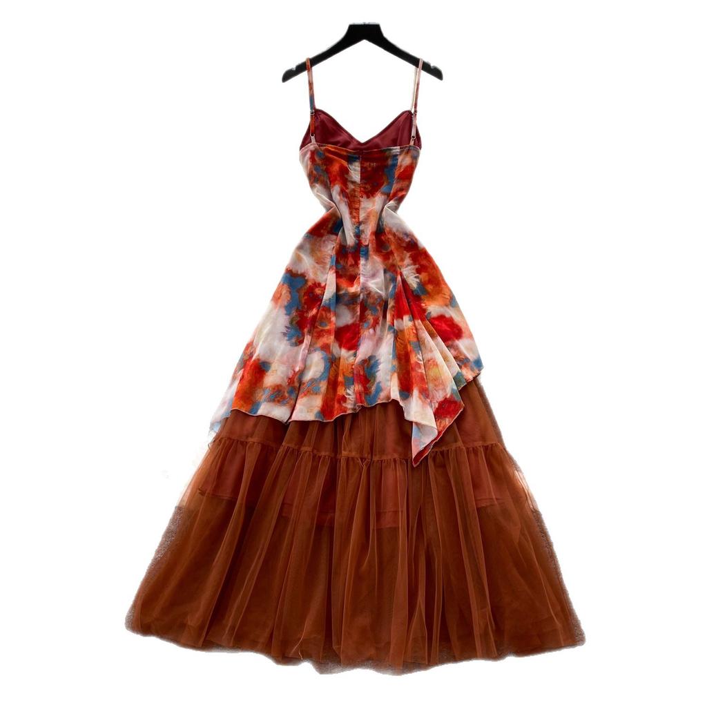 Holiday style smudged printed mesh suspender dress women's summer high waist temperament swinging long dress commuting