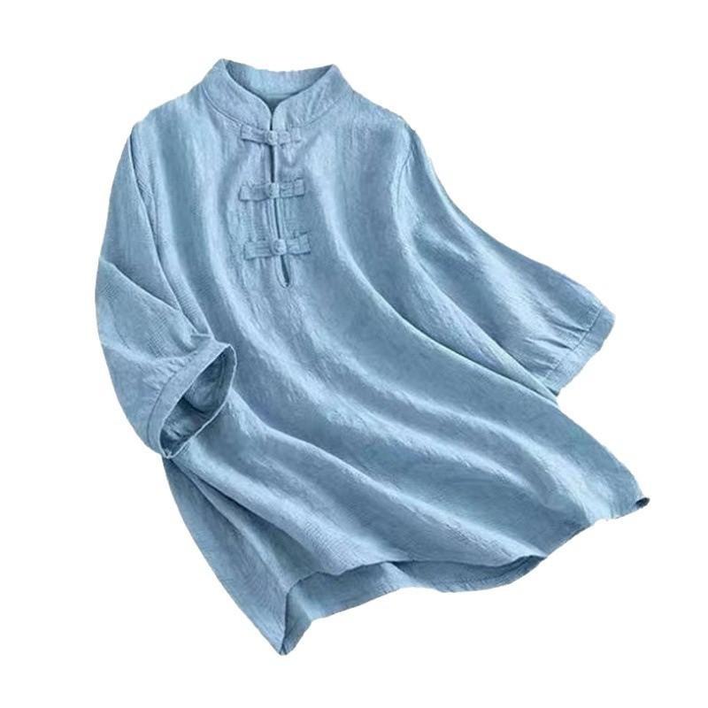 Cotton and Linen Loose T-shirt Retro Large Size Disc Button Mid-sleeved Shirt Women's Chinese Style Stand-up Collar Zen Tea Service Loose Pullover