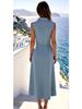 European & American Elegant Sleeveless Pleated Button Dress - Solid Color, Irregular Hem.