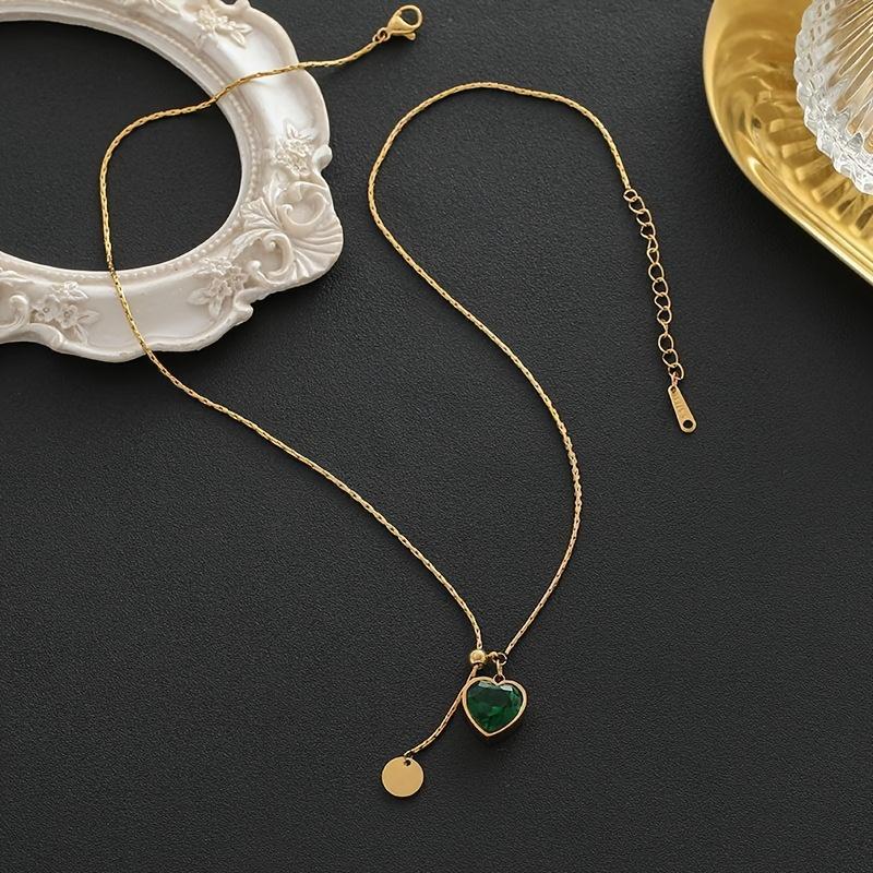 1pc Adjustable Stainless Steel Heart Pendant Necklace with Green Cubic & Golden-Tone Tassel Charm - April Birthstone Jewelry, KC Golden Plated Collarb