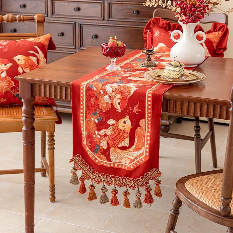 New Year Atmosphere Red Table Flag Cabinet Flag Koi Auspicious Ruyi Decoration Wedding Celebration 35*180cm