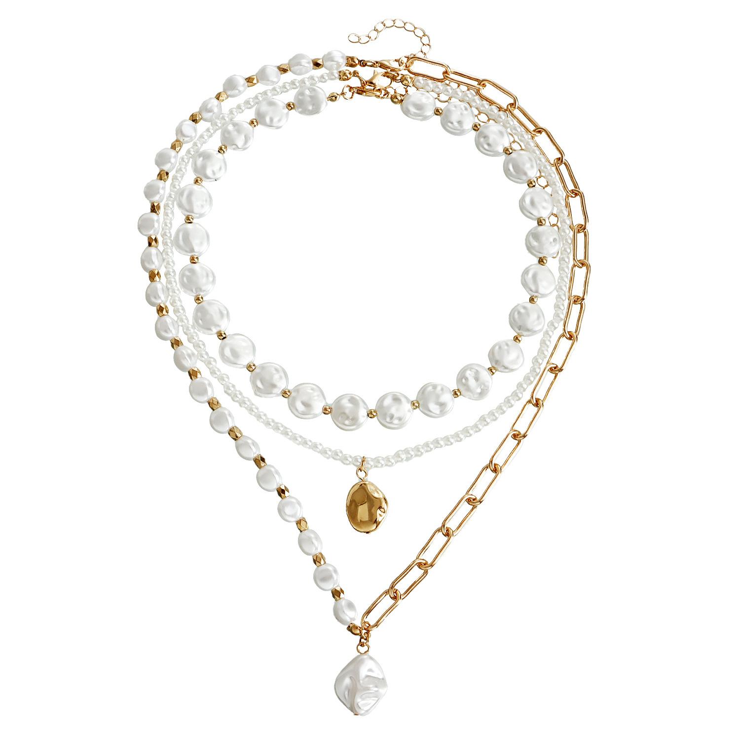 

European and American jewelry, three-layer high-brightness special-shaped imitation pearl neck chain necklace jewelry for women, niche beaded золотий
